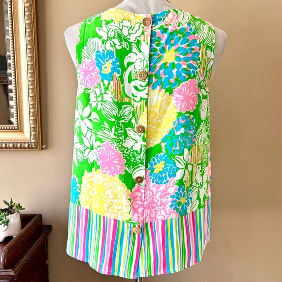 Lilly Pulitzer Iona Button Back Silk Tank Top Pink Green Hibiscus Stroll Floral - Picture 6 of 10